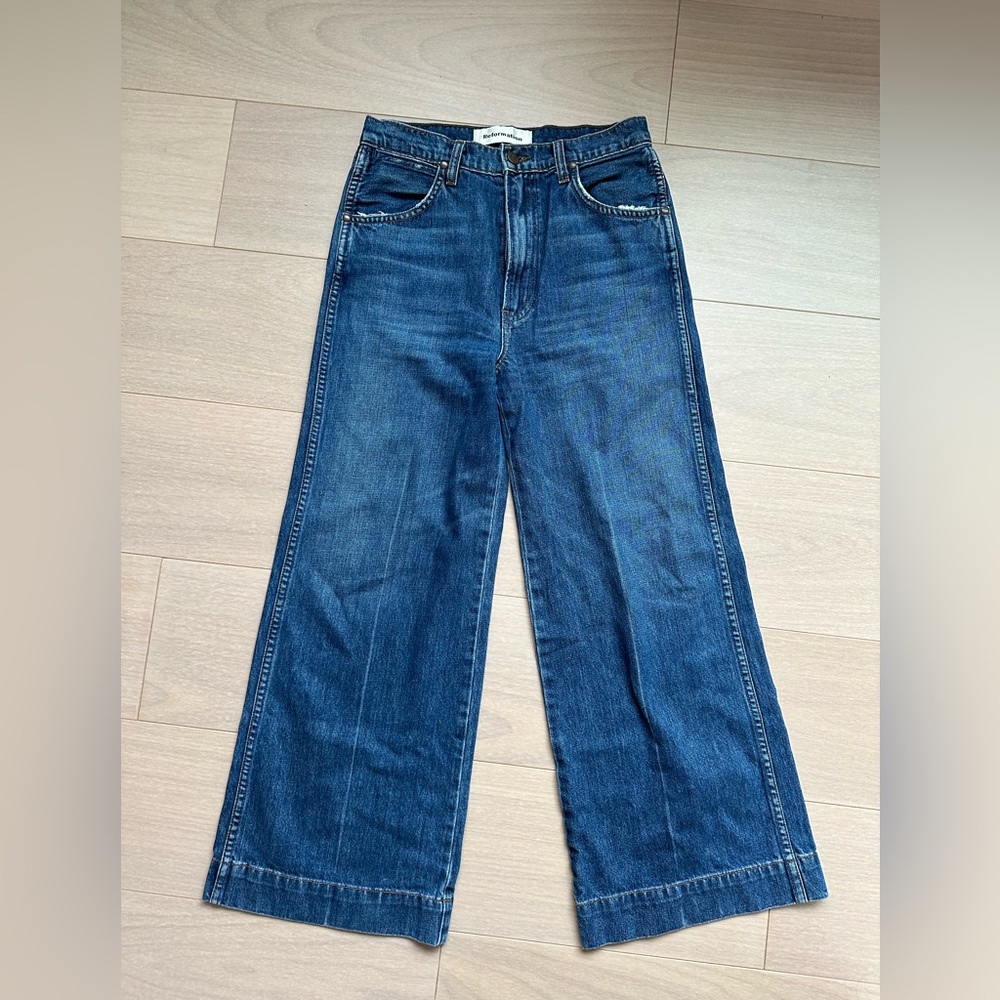 REFORMATION the JANE WIDE LEG Denim Jeans in Blue Glacier wash Sz 26
